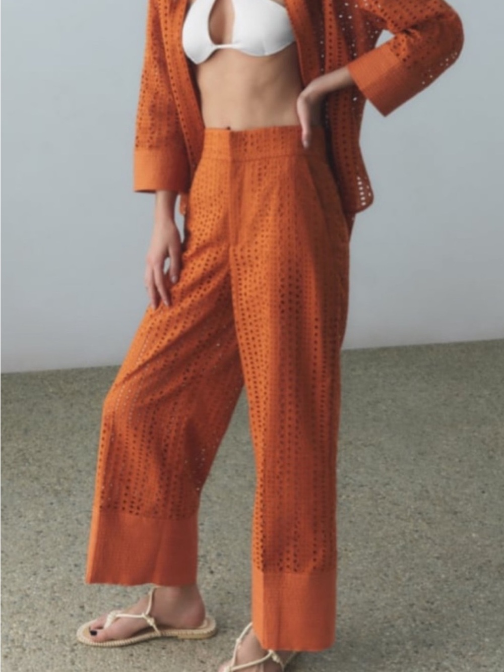 Zara Topstitched Embroidered Eyelet Pants Burnt Orange Wide Leg Size Medium